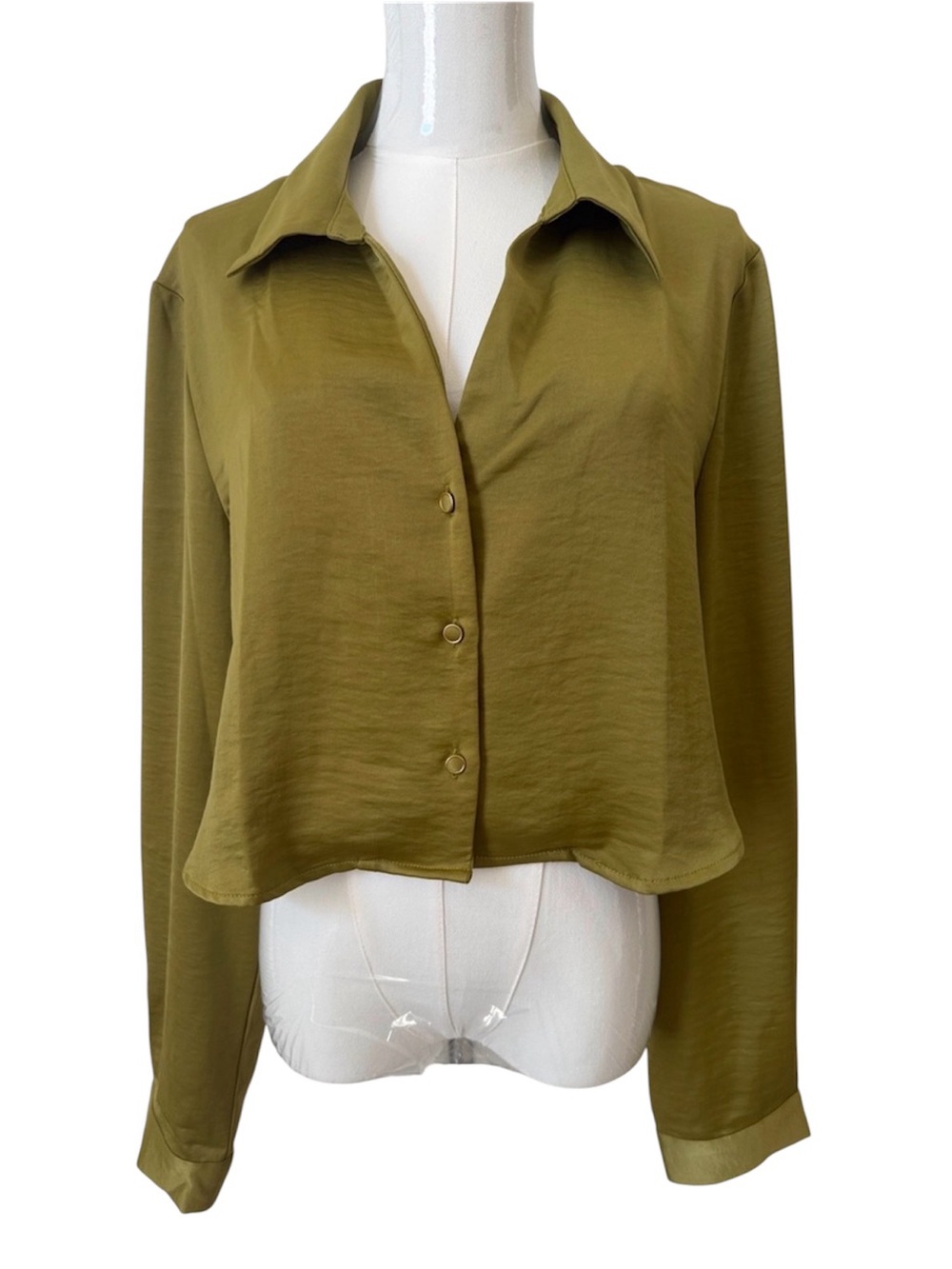 House of Harlow 1960 Olive Green Satin-Like Cropped Button-Up Shirt Size L